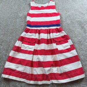 Mini Boden 2010 Girls Red White Striped Cotton Dress Blue Waistband 4-5Y